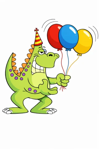 Розмальовка «Динозавр з кульками на день народження» скачати та роздрукувати в форматі А4