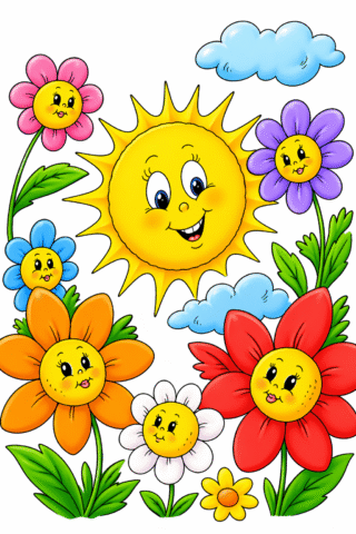 Малюнок «Веселе сонечко серед квітів» скачати та роздрукувати в форматі А4