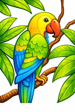 Малюнок «Папуга на гілці серед листя» скачати та роздрукувати в форматі А4