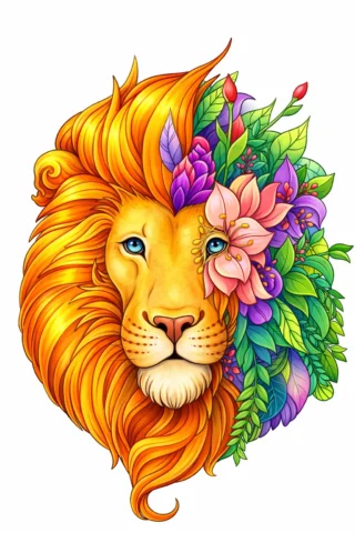 Скачати безкоштовну малюнок «Величний лев із квітковою гривою» в форматі А4 для друку
