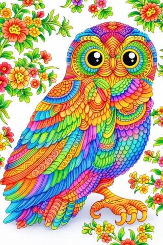 Малюнок «Візерунчаста сова серед квітів» скачати та роздрукувати в форматі А4