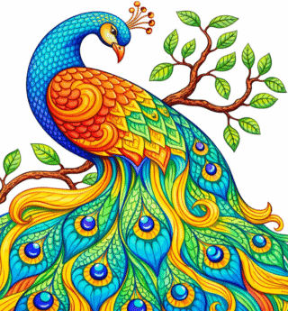 Малюнок «Вишуканий павич на гілці» скачати та роздрукувати в форматі А4