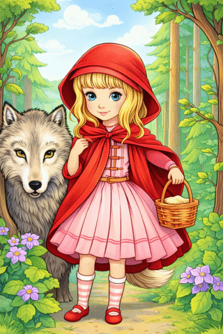 Малюнок «Червона Шапочка і сірий вовк у лісі» скачати та роздрукувати в форматі А4