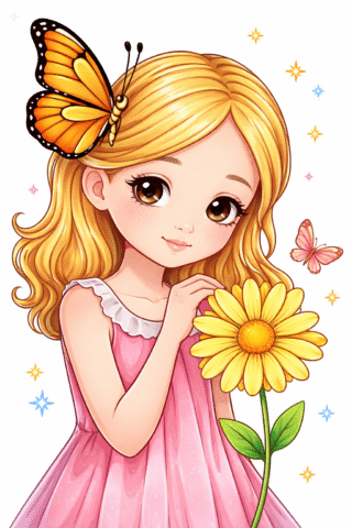 Малюнок «Дівчинка з метеликом і квіткою» скачати та роздрукувати в форматі А4