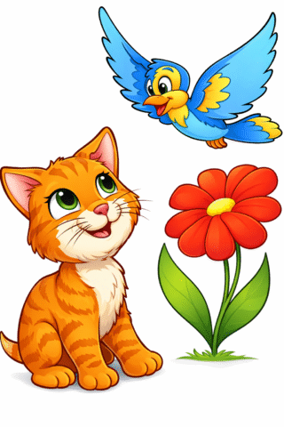 Малюнок «Кошеня та пташка біля квітки»