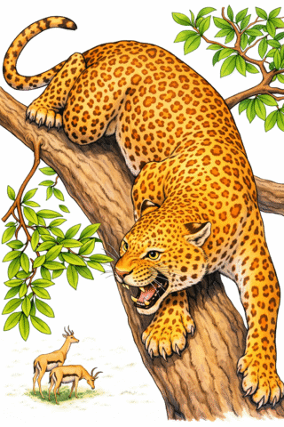 Розмальовка «Леопард на полюванні в дикій природі» скачати та роздрукувати в форматі А4