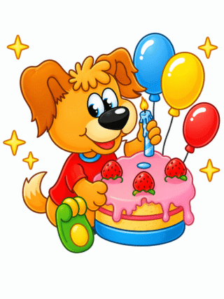 Малюнок «Щеня святкує день народження» скачати та роздрукувати в форматі А4