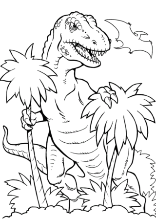 Розмальовка «Тиранозавр у доісторичному лісі» скачати та роздрукувати в форматі А4