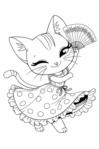 Розмальовка «Кумедне кошеня в сукні з віялом» скачати та роздрукувати в форматі А4