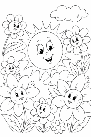 Розмальовка «Веселе сонечко серед квітів» скачати та роздрукувати в форматі А4