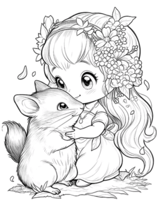 Розмальовка «Мила дівчинка з лисеням» скачати та роздрукувати в форматі А4