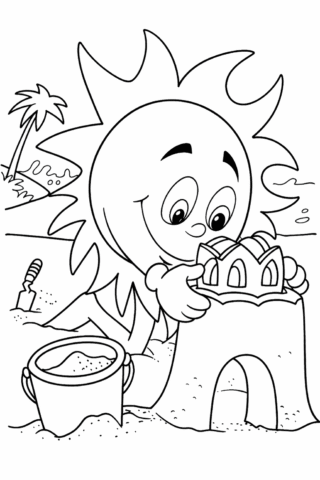 Розмальовка «Сонечко будує піщаний замок» скачати та роздрукувати в форматі А4