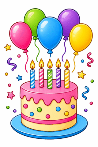 Розмальовка «Святковий торт із свічками та кульками» скачати та роздрукувати в форматі А4