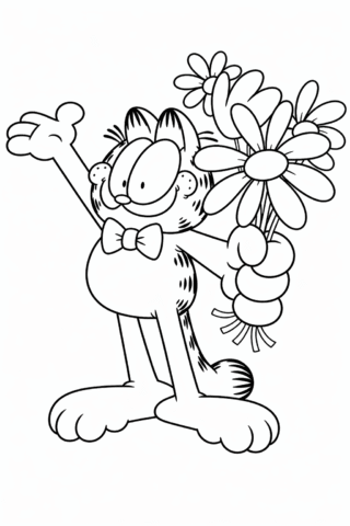Розмальовка «Веселий кіт з букетом квітів» скачати та роздрукувати в форматі А4