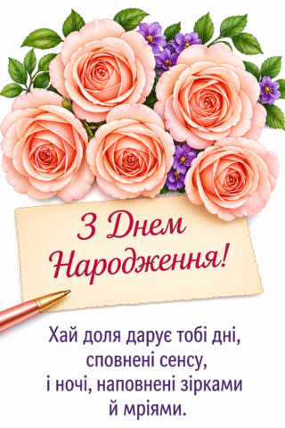 Малюнок З Днем Народження з трояндами та побажаннями скачати та роздрукувати в форматі А4