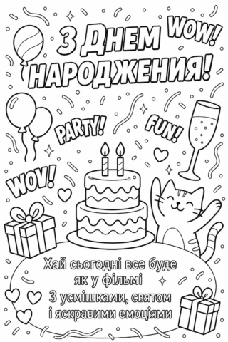 Розмальовка З днем народження з котиком, тортом і подарунками скачати та роздрукувати в форматі А4