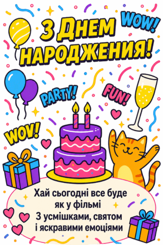 Малюнок З днем народження з котиком, тортом і подарунками скачати та роздрукувати в форматі А4