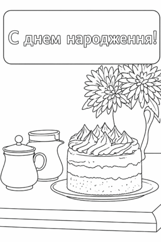 Розмальовка З днем народження з тортом і квітами скачати та роздрукувати в форматі А4
