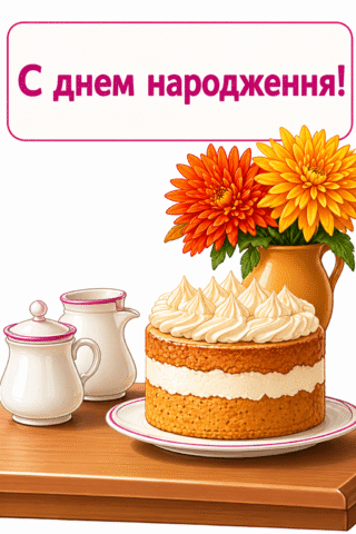 Малюнок З днем народження з тортом і квітами скачати та роздрукувати в форматі А4