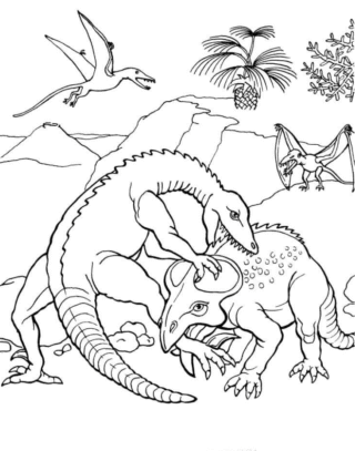 Розмальовка «Битва динозаврів у доісторичному світі» скачати та роздрукувати в форматі А4