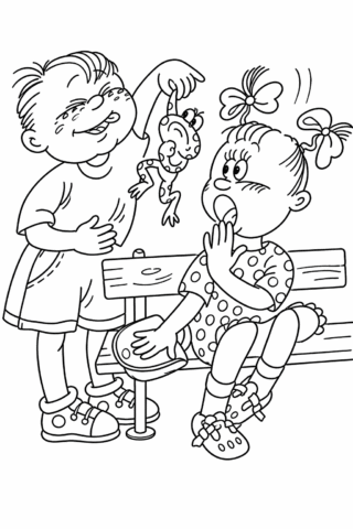 Розмальовка «Пустощі на лавці: кумедна жабка» скачати та роздрукувати в форматі А4