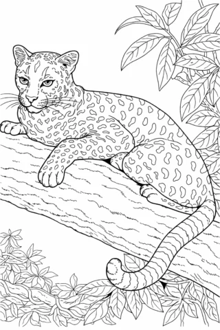 Розмальовка «Леопард на гілці в джунглях» скачати та роздрукувати в форматі А4