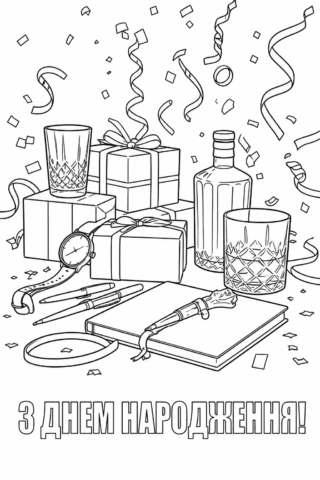 Скачати безкоштовну Розмальовка «Святкова листівка з подарунками для чоловіка» в форматі А4 для друку