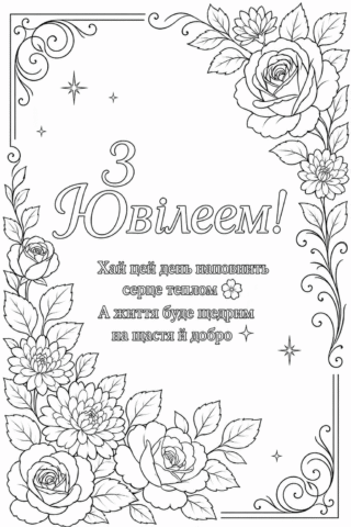Розмальовка З ювілеєм з квітковою рамкою та побажаннями скачати та роздрукувати в форматі А4