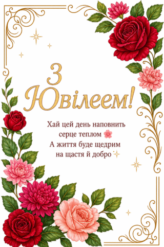 Малюнок З ювілеєм з квітковою рамкою та побажаннями скачати та роздрукувати в форматі А4