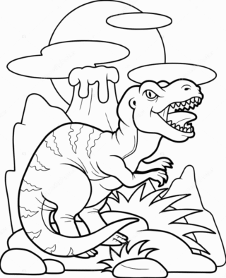 Розмальовка «Тиранозавр біля вулкана» скачати та роздрукувати в форматі А4