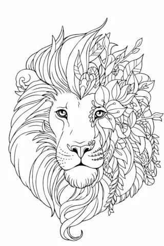 Розмальовка «Величний лев із квітковою гривою» скачати та роздрукувати в форматі А4