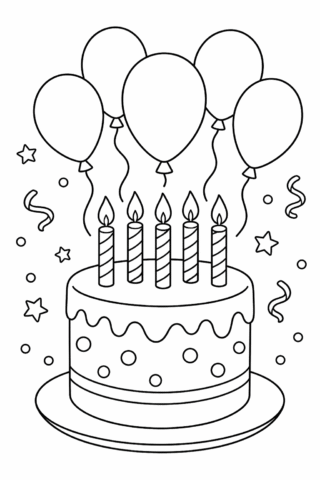 Розмальовка «Святковий торт із свічками та кульками» скачати та роздрукувати в форматі А4