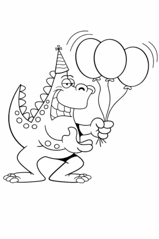 Розмальовка «Динозавр з кульками на день народження» скачати та роздрукувати в форматі А4