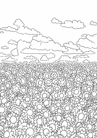 Розмальовка «Поле соняшників під хмарним небом» скачати та роздрукувати в форматі А4