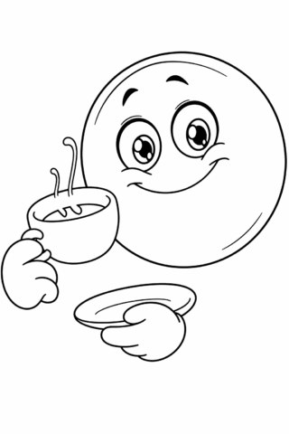 Розмальовка «Усміхнений смайлик з чашкою чаю» скачати та роздрукувати в форматі А4