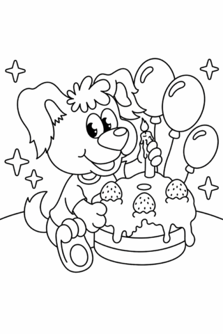 Розмальовка «Щеня святкує день народження» скачати та роздрукувати в форматі А4