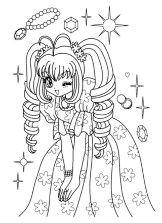 Розмальовка «Аніме дівчина з коштовностями та прикрасами» скачати та роздрукувати в форматі А4