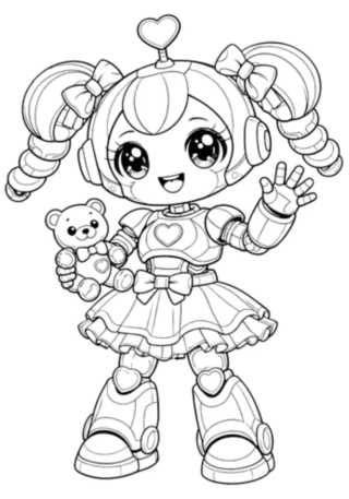 Розмальовка «Аніме дівчинка-робот із ведмедиком» скачати та роздрукувати в форматі А4