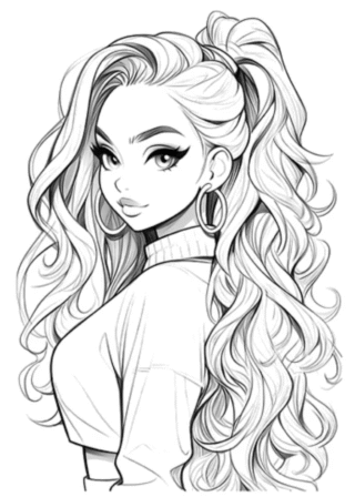 Розмальовка «Стильна дівчина з довгим волоссям» скачати та роздрукувати в форматі А4
