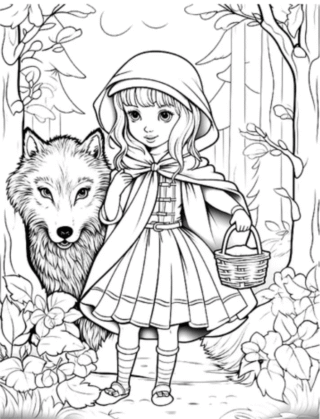 Розмальовка «Червона Шапочка і сірий вовк у лісі» скачати та роздрукувати в форматі А4