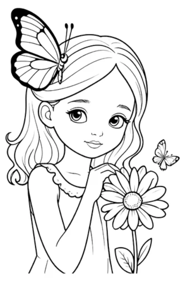 Розмальовка «Дівчинка з метеликом і квіткою» скачати та роздрукувати в форматі А4