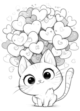 Розмальовка «Кошеня з сердечками» скачати та роздрукувати в форматі А4
