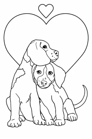 Розмальовка «Два цуценята в обіймах серця» скачати та роздрукувати в форматі А4