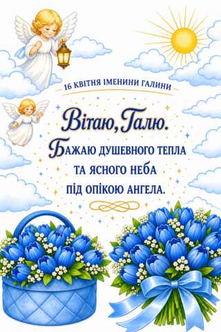 Малюнок Галино, з Днем Ангела з янголами і квітами скачати та роздрукувати в форматі А4