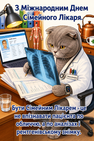 Малюнок З Міжнародним днем сімейного лікаря – Кумедний лікар-котик скачати та роздрукувати в форматі А4