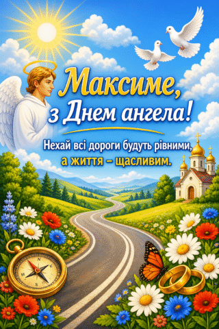 Малюнок Максиме з Днем ангела з янголом і пейзажем скачати та роздрукувати в форматі А4