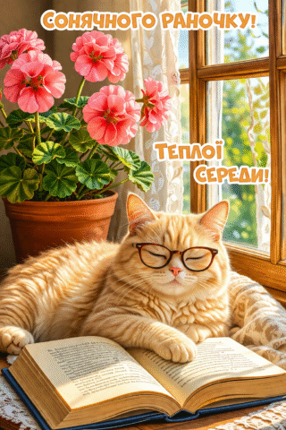 Малюнок Сонячного ранку тепла середа кіт з книгою скачати та роздрукувати в форматі А4