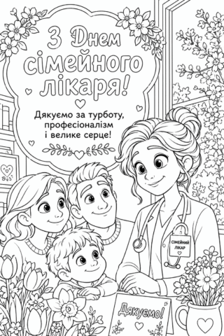 Розмальовка Листівка З Днем сімейного лікаря – Подяка за турботу скачати та роздрукувати в форматі А4