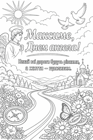 Розмальовка Максиме з Днем ангела з янголом і пейзажем скачати та роздрукувати в форматі А4
