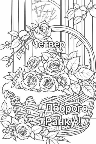 Розмальовка Доброго ранку четвер кошик з трояндами скачати та роздрукувати в форматі А4